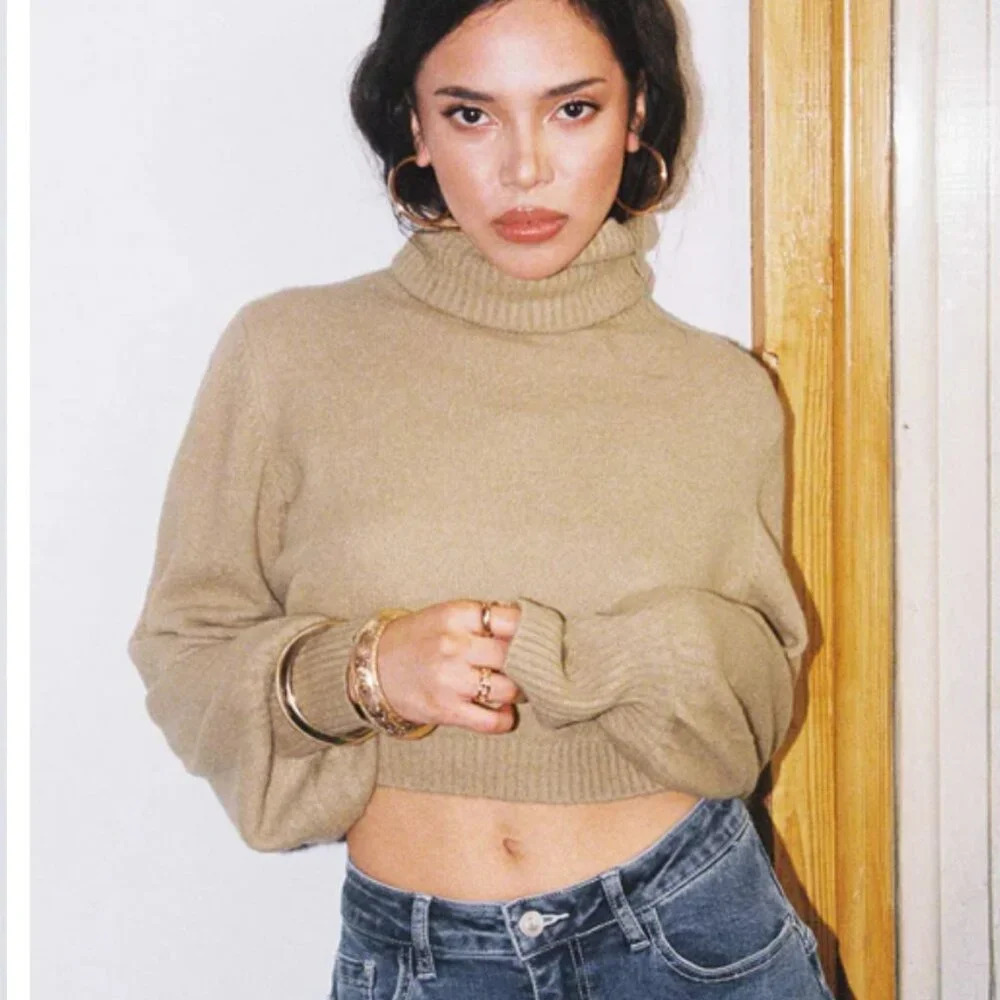 PRINCESS POLLY ZAHARA CROPPED TURTLENECK SWEATER BEIGE - 4